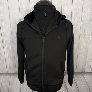 Stone Falcon Men’s Small Black Faux Fur Full Zip Heavyweight Hooded Jacket- Flaw